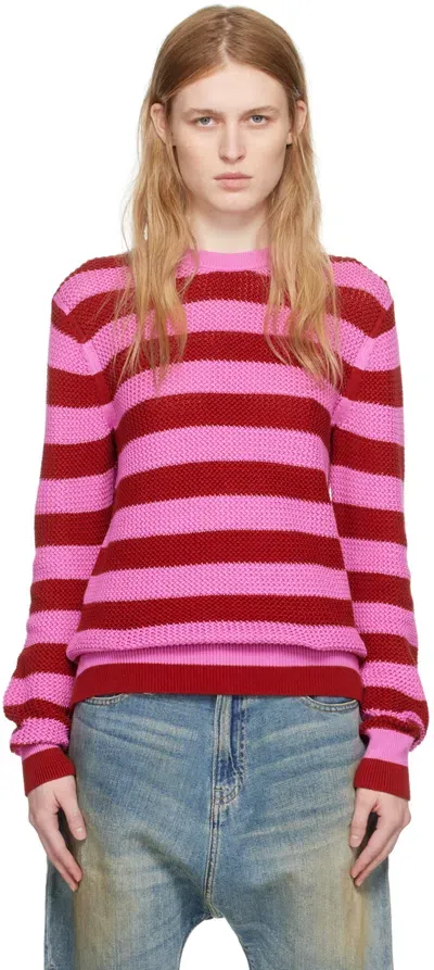 Guest In Residence Net Stripe Cotton Crewneck Sweater In Fuschia/rust