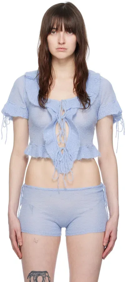 Guizio Ruffle Knit Tie Top In Baby Blue