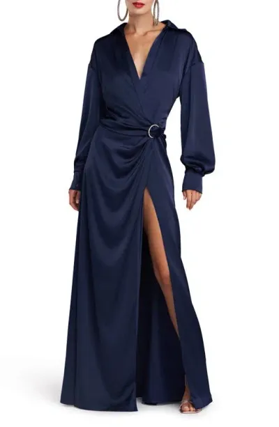 Halston Ivon Long Sleeve Satin Charmeuse Gown In Navy