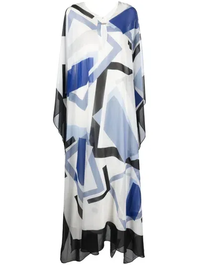 Halston Patterned Draped Maxi Dress In White