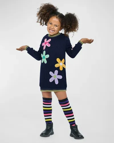 Hannah Banana Kids' Girl's Knit Sweater Dress W/ Crotchet Flowers In Blue