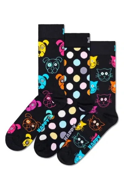 Happy Socks Classic Pet 3-pack Assorted Crew Socks In Navy