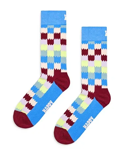 Happy Socks Dizzy Check Cotton Blend Crew Socks In Blue