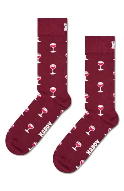 Happy Socks Glass Of Wine Crew Socks In Dark Red