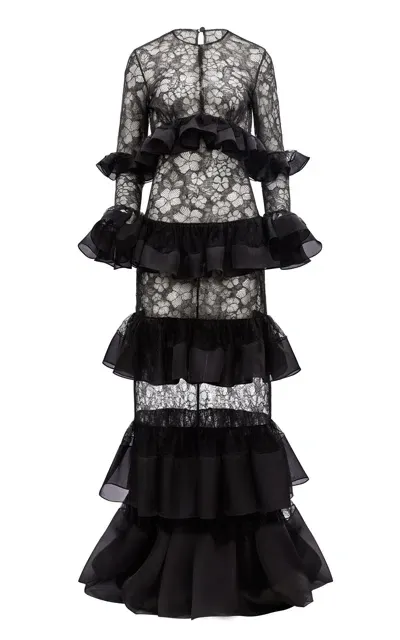 Harithand The Swan Ruffled Lace Organza Dress In Black