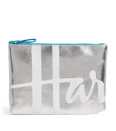 Harrods Medium Metallic Logo Pouch In Silver