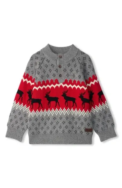 Hatley Kids' Elk Pattern Cotton Henley Sweater In Grey