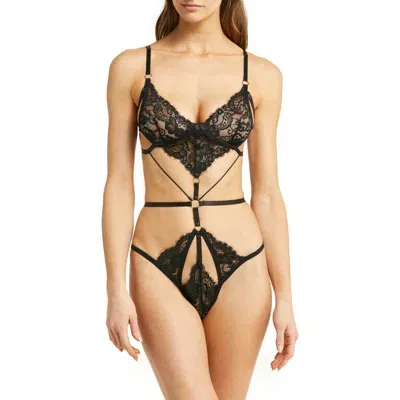 Hauty Strappy Cutout Eyelash Mesh Teddy In Black