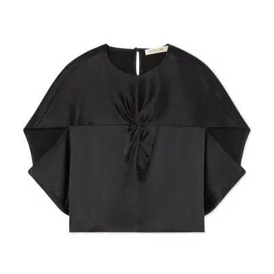 Heirlome Cropped Silk-satin Petal-sleeve Top In Black