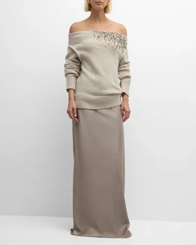 Hellessy Astra Crystal Off-the-shoulder Sweater Maxi Dress In Cloud/chestnut