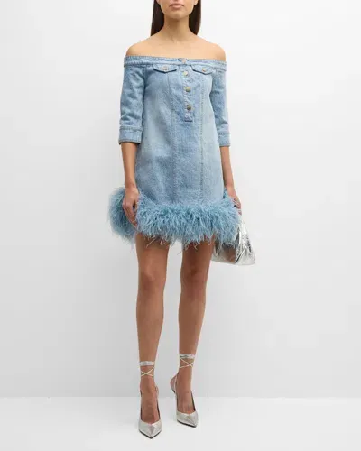 Hellessy Barbara Feather-hem Short-sleeve Off-the-shoulder Denim Mini Dress In Lili Wash