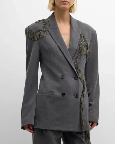 Hellessy Batiste Crystal Fringe Double-breasted Blazer Jacket In Pebble