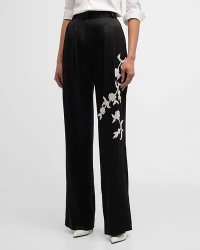 Hellessy Flora Applique Pleated Wide-leg Satin Crepe Pants In Black