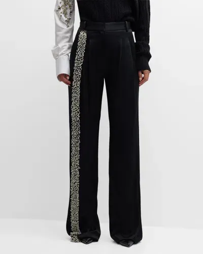 Hellessy Stefan Embellished Double-pleated Straight-leg Satin Pants In Black