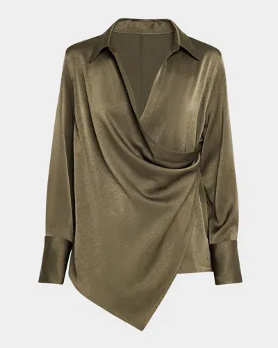 Helmut Lang Fluid-satin Relaxed Wrap Shirt In Olive