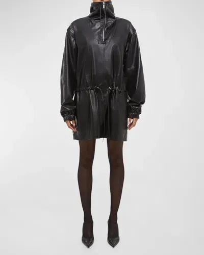 Helmut Lang Leather Drawstring Coat With Removable Sleeves In Black