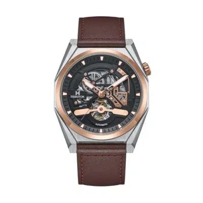 Heritor Automatic Amadeus Semi-skeleton Leather-band Watch In Rose Gold/brown