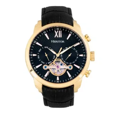 Heritor Automatic Arthur Semi-skeleton Leather-band Watch W/ Day/date In Gold/black