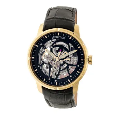 Heritor Automatic Men's Black / Gold Ryder Leather-band Skeleton Watch - Black, Gold In Black/gold