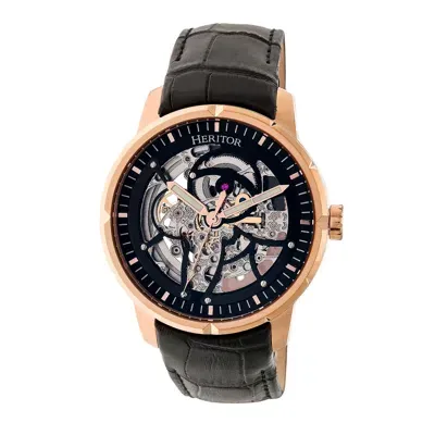 Heritor Automatic Men's Black / Rose Gold Ryder Leather-band Skeleton Watch - Black, Rose Gold In Black/rose Gold