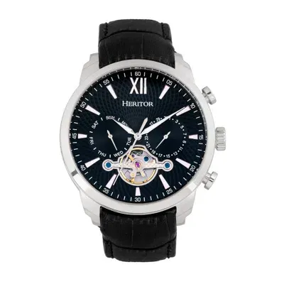 Heritor Automatic Men's Black / Silver Arthur Semi-skeleton Leather-band Watch With Day And Date - Black, Silver In Black/silver