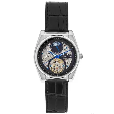 Heritor Automatic Men's Black / Silver Daxton Leather-band Skeleton Watch With Moon Phase - Black, Silver In Black/silver