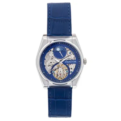 Heritor Automatic Men's Blue / Silver Daxton Leather-band Skeleton Watch With Moon Phase - Blue, Silver In Blue/silver