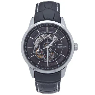 Heritor Automatic Men's Silver / Black Davies Semi-skeleton Leather-band Watch - Black, Silver In Silver/black