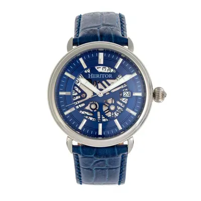 Heritor Automatic Men's Silver / Blue Mattias Semi-skeleton Leather-band Watch With Date - Blue, Silver In Silver/blue