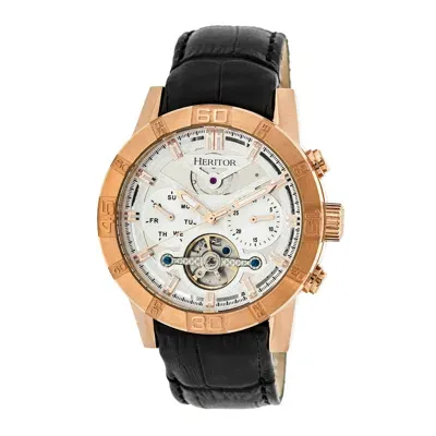 Heritor Automatic Men's Silver / Rose Gold Hannibal Semi-skeleton Leather-band Watch With Day And Date - Rose Gold, Si In Silver/rose Gold