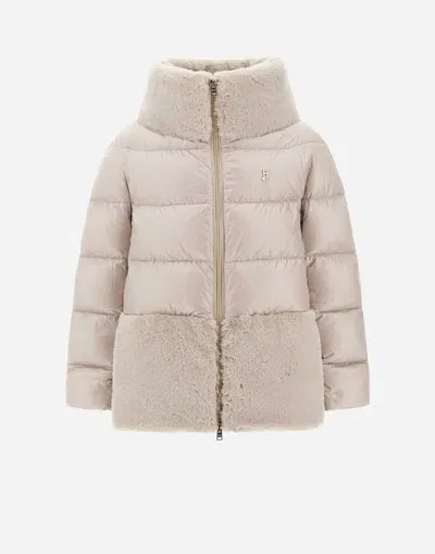 Herno Kids' A-shape Jacket In Nylon Ultralight And Soft Faux Fur In Chantilly