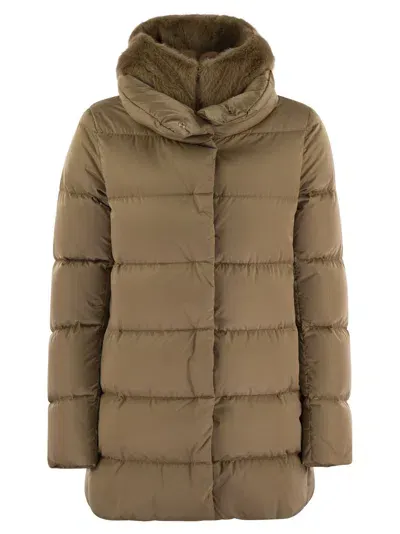 Herno Down Jacket With Bib And Cruelty-free Fur Hood In Camel