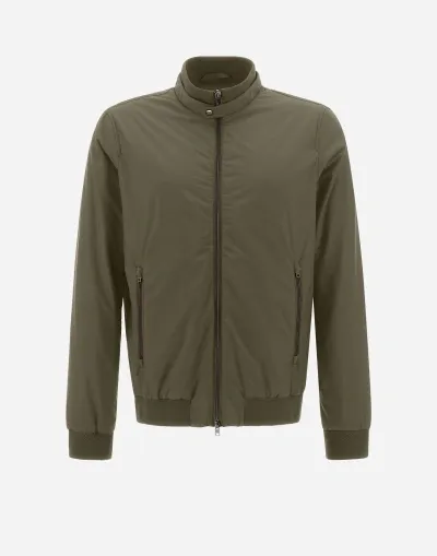 Herno Ecoage Bomber Jacket With Band Collar In Green/beige