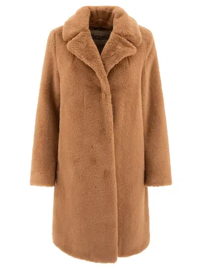 Herno Faux Fur Single-breasted Coat In Brown