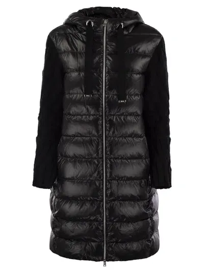 Herno Long Down Jacket With Wool Sleeves In Black