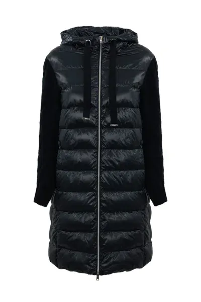 Herno Long Down Jacket With Wool Sleeves In Blue