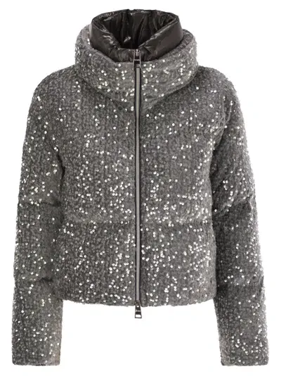 Herno Short Down Jacket With Sequins In Gray