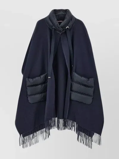 Herno Two-tone Fringe Hem Poncho Drawstring In Navy