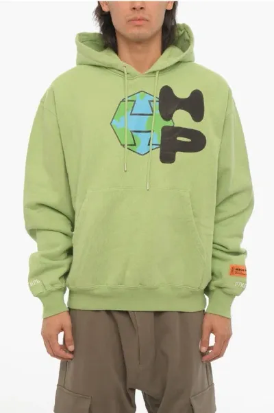 Heron Preston Brushed Cotton Spray Globe Hoodie In Green