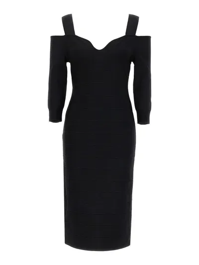 Herve Leger Notched Cold Shoulder Midi Dress In Black