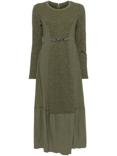 High Floral Jacquard Long-sleeves Dress In Green