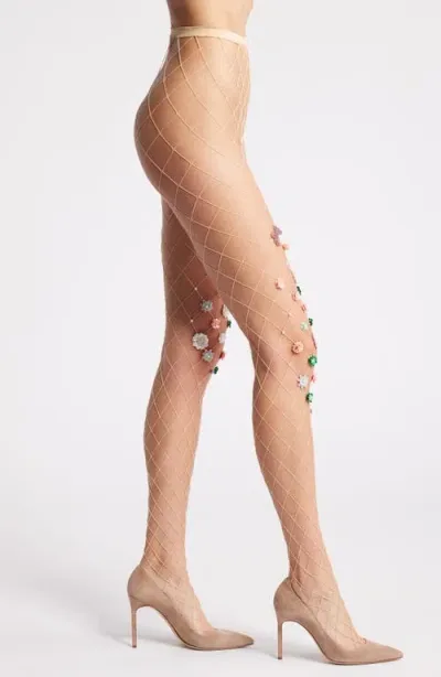 High Heel Jungle Aurora Floral Appliqué Sheer Tights In Beige