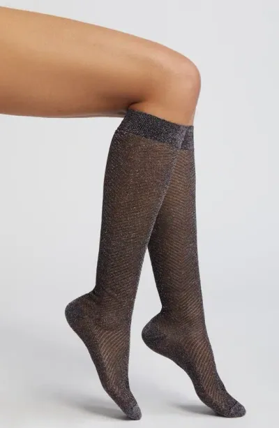 High Heel Jungle Herringbone Metallic Knee High Socks In Gunmetal