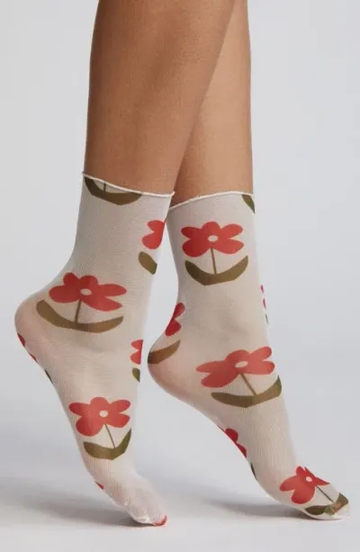 High Heel Jungle Retro Floral Mesh Socks In Red