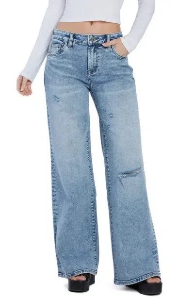 Hint Of Blu Torn Ripped Mighty Wide Leg Jeans In Blue