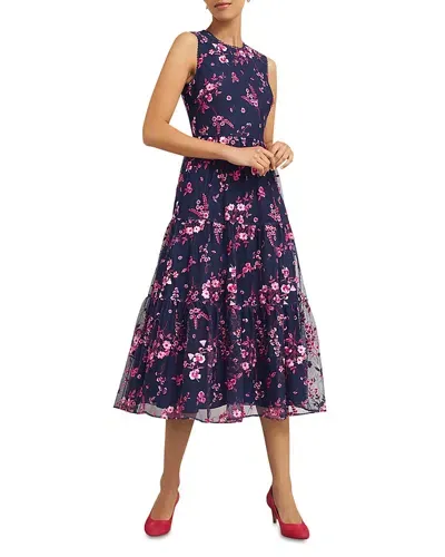 Hobbs London Bethany Floral Embroidered Midi Dress In Navy Pink