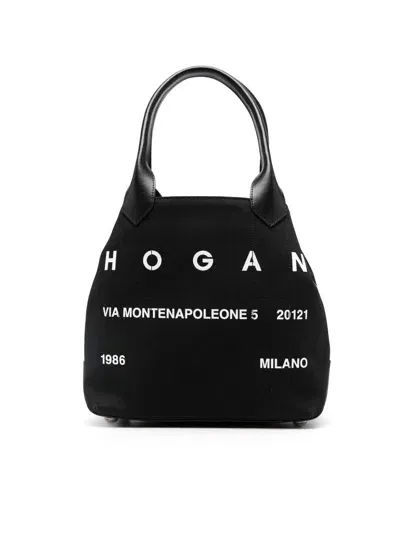 Hogan Script Canvas Medium Tote Bag In Black