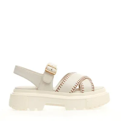 Hogan White And Brown Leather Sandals