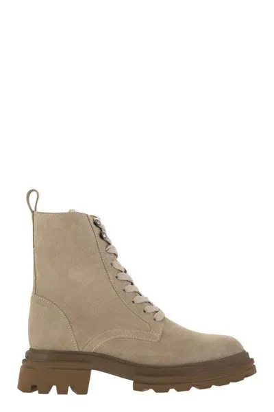 Hogan H674 - Suede Lace-up Boot In Beige