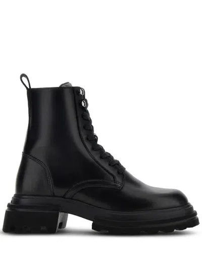 Hogan H674 Combat Boots Shoes In Black